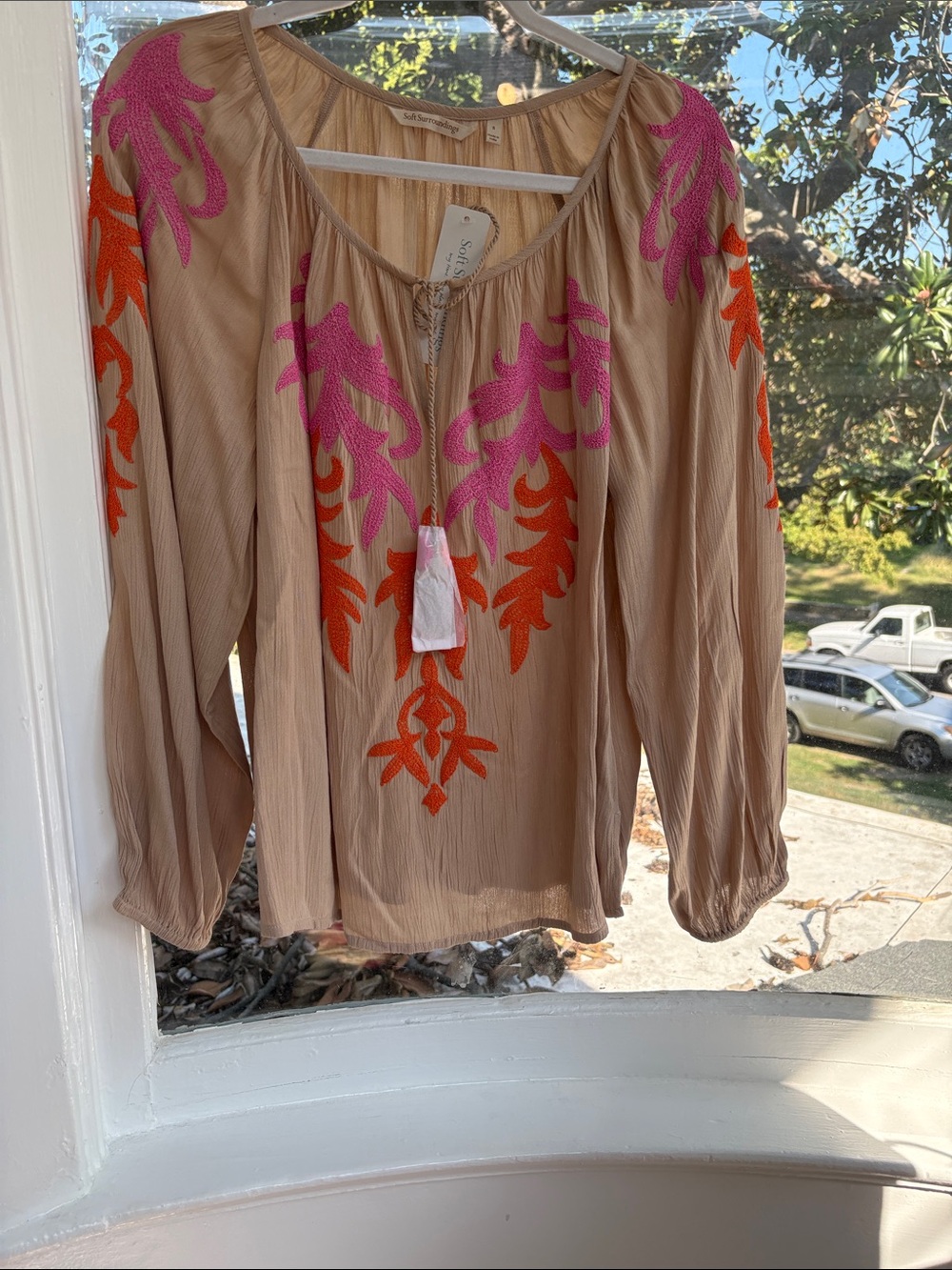 Soft Surroundings Beige Peasant Top with Pink & Orange Embroidery-NWTO-Small